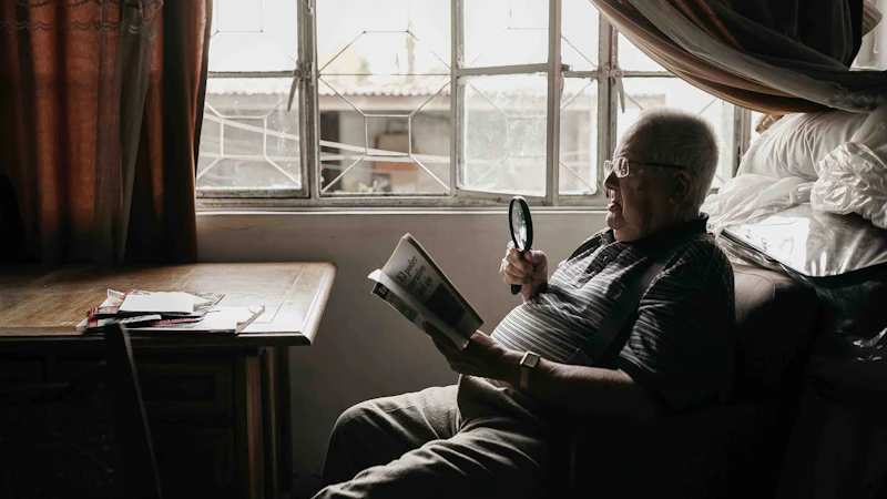 Een oudere man leest thuis in een fauteuil een document met een vergrootglas