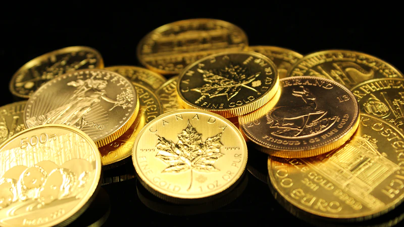 Gouden en zilveren muntstukken naast elkaar